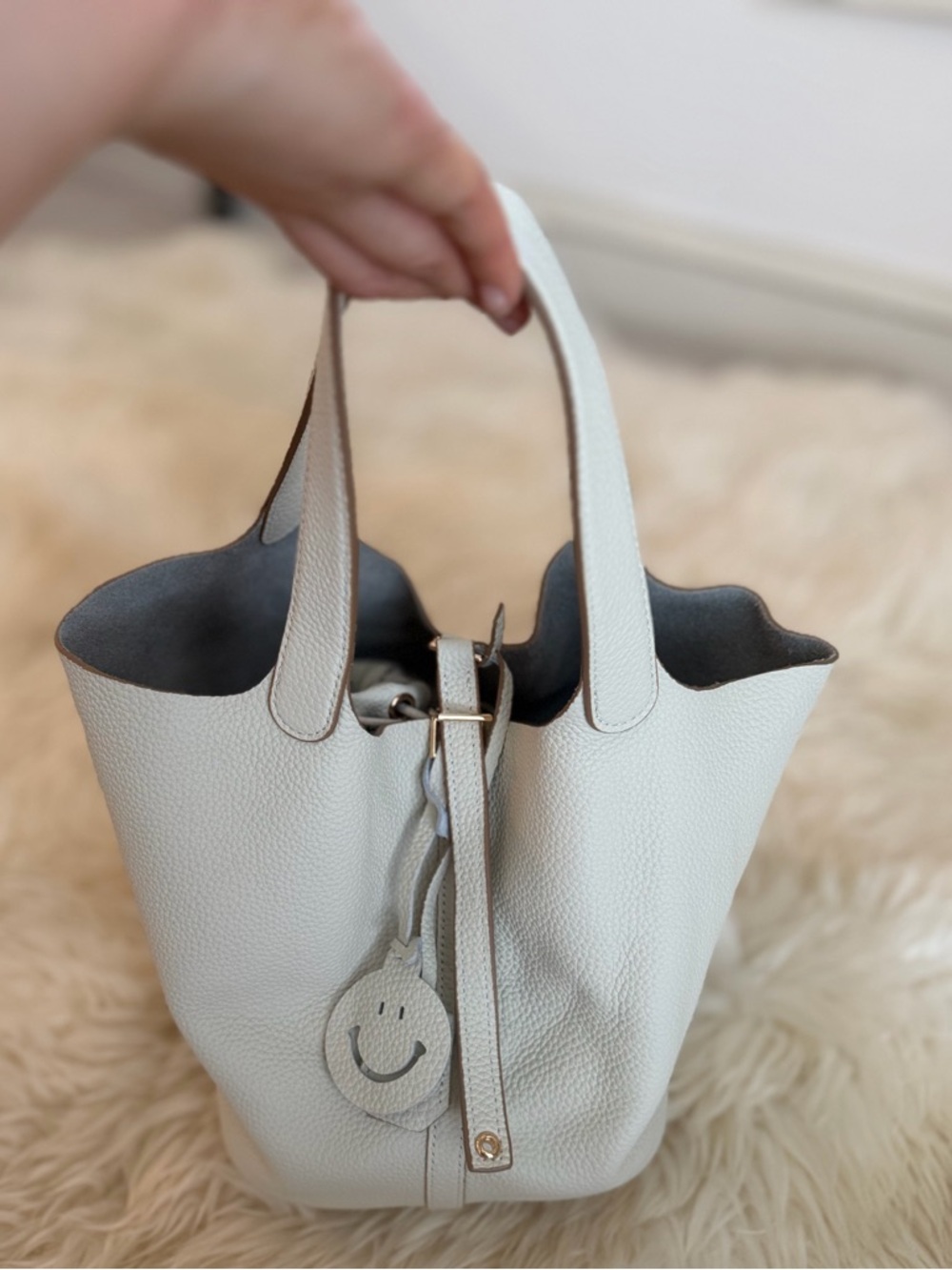 White Leather Tote Handbag with Smile Charm